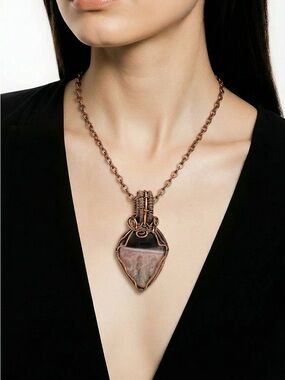 Hand Wrapped Pink Agate Quartz Artisan Copper Necklace ✨